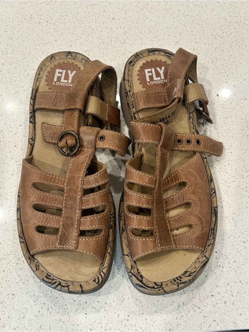 Fly London Tan Brown Leather Strappy Sandals
